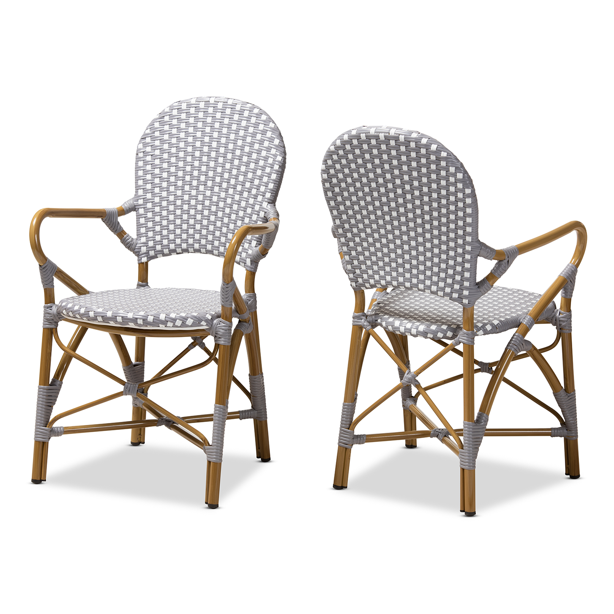 Baxton Studio Seva Classic French Indoor and Outdoor Grey and White Bamboo Style Stackable Bistro Dining Chair Set of 2